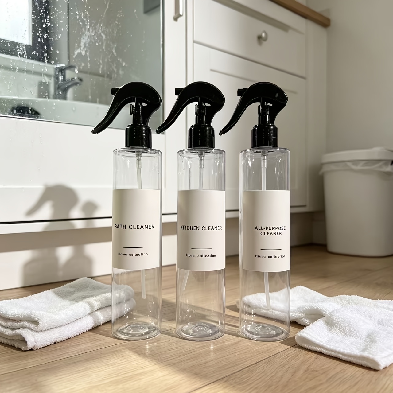 TEMU Lot de 3 flacons distributeurs en plastique de 300 ml avec étiquettes imperméables, flacons transparents avec pompes à pulvérisation noires,