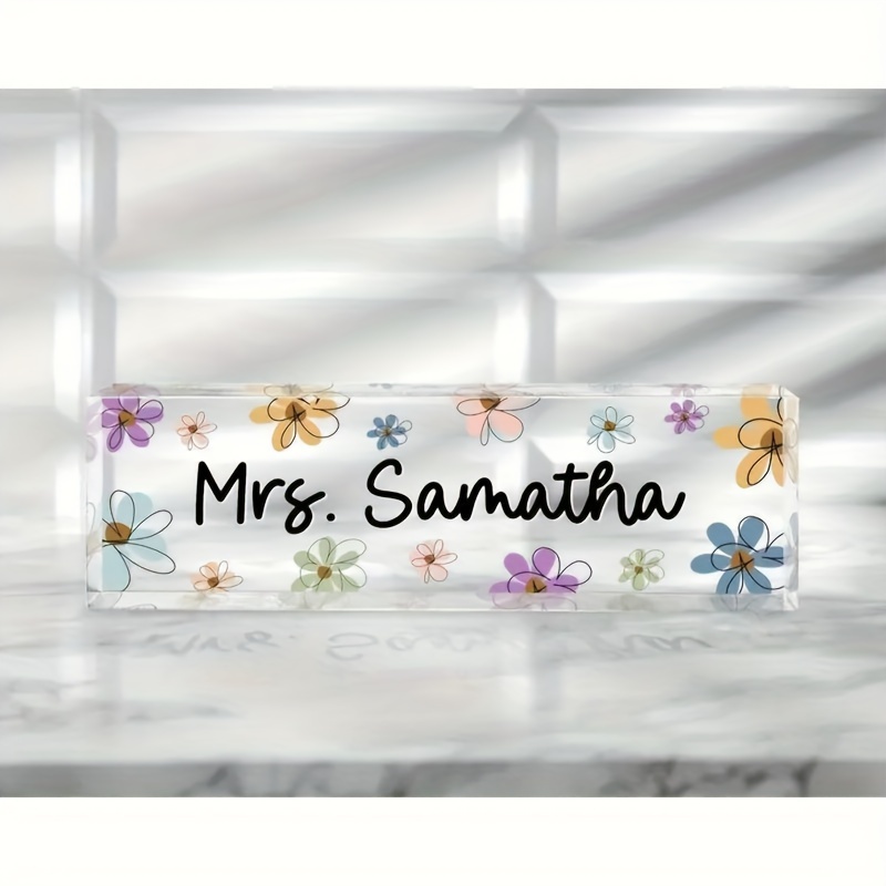 

Custom Floral Acrylic Desk Nameplate - Personalized Office Name Sign - Freestanding, Reusable, Glossy Finish, Oblong Shape For Desks And Counters - Ideal For Teacher Appreciation And Office Gifts