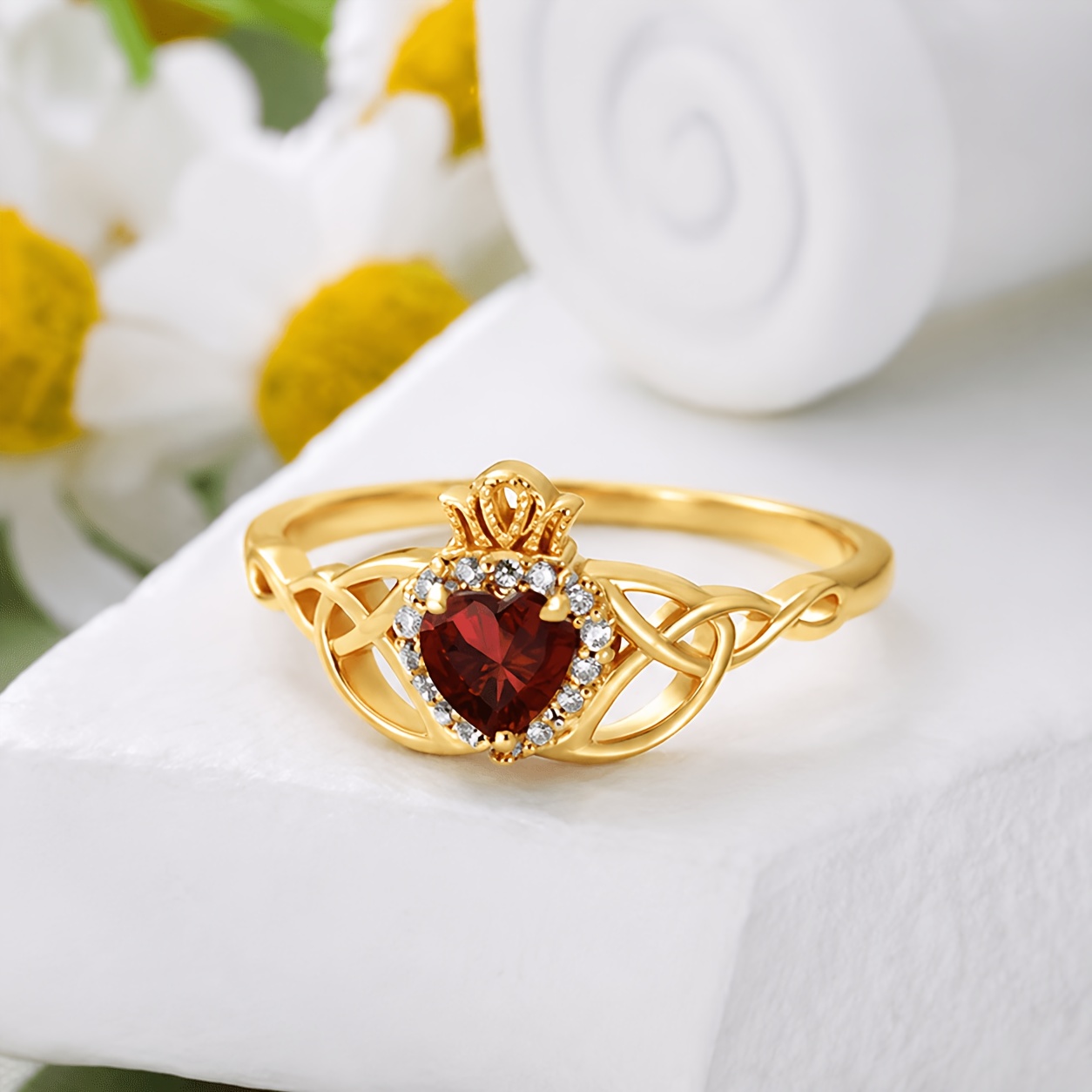 Claddagh Style Heart-Shaped Red Zirconia Ring