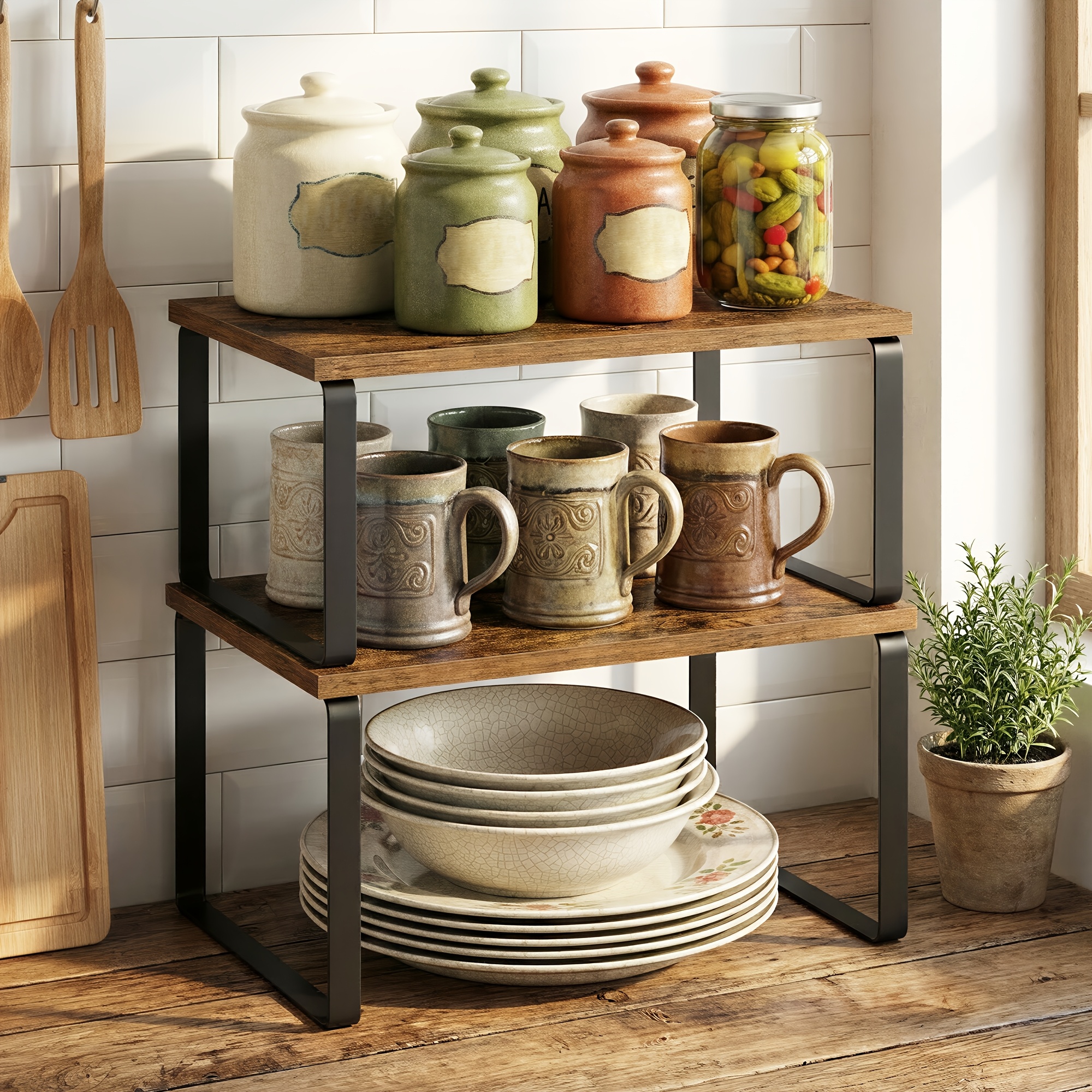 TEMU Estante organizador de gabinete, juego de 2 estantes de almacenamiento de cocina, especiero apilable, marrón