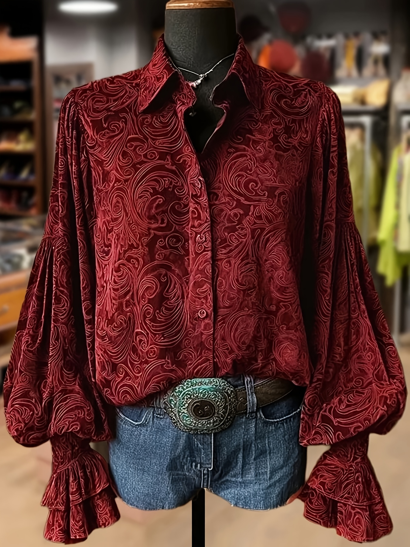Paisley Print Lantern Sleeve Blouse