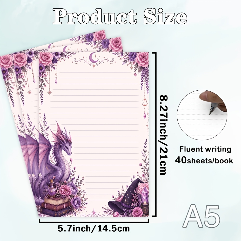 TEMU 40 Sheets Fantasy Dragon Letter Paper, Purple Dragon Illustration With Flowers And Magical Decorative Elements, Elegant , Perfect For Journals,