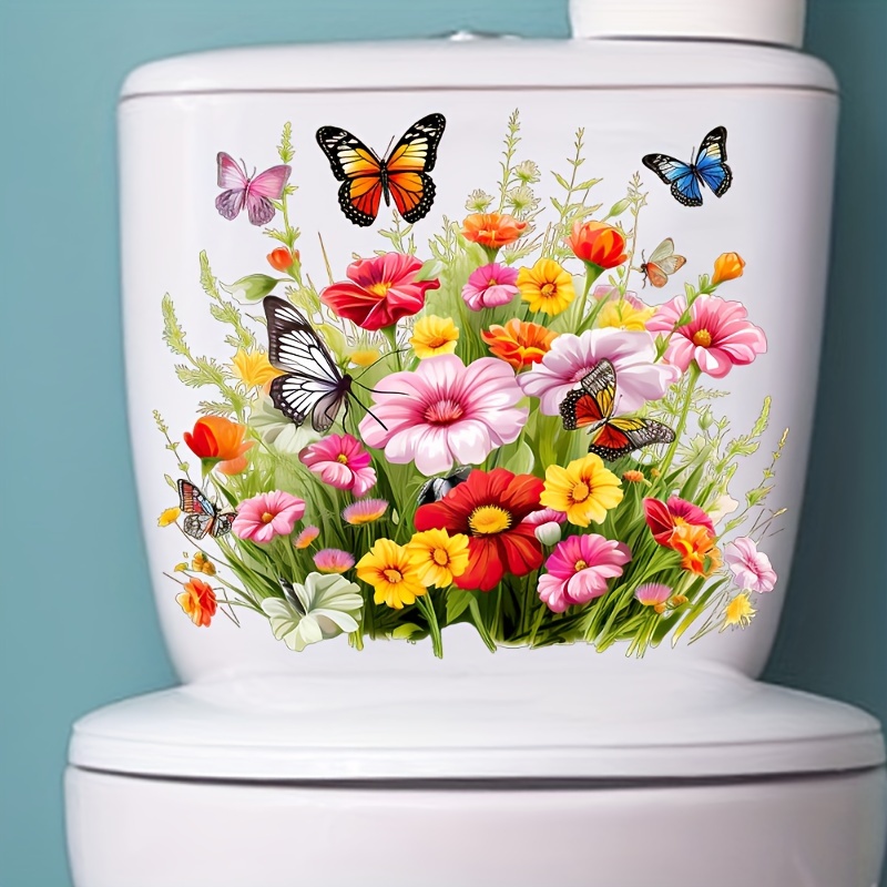 

1pc Vibrant Butterflies And Bouquets Self-adhesive Multi-functional Toilet Bathroom Refrigerator Living Room Bedroom Wall Art Home Decoration Stickers