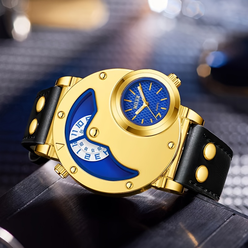 Elegant Men's Quartz Watch with Dual Time Display - Golden-Tone, Faux Leather Strap, Business Style