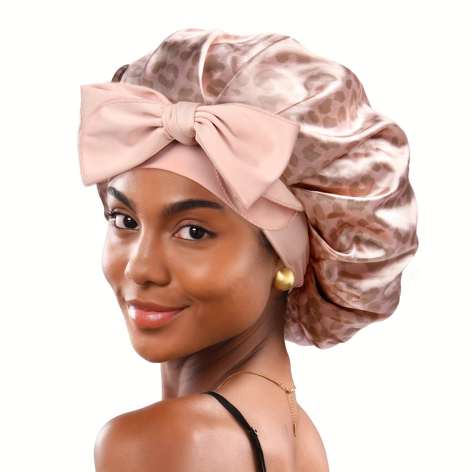 TEMU Ellitina 1-pack Leopard Pattern Adjustable Strap Satin Sleeping Cap For Sleeping, Suitable For Women With Natural Curly Hair, Perfect Gift For