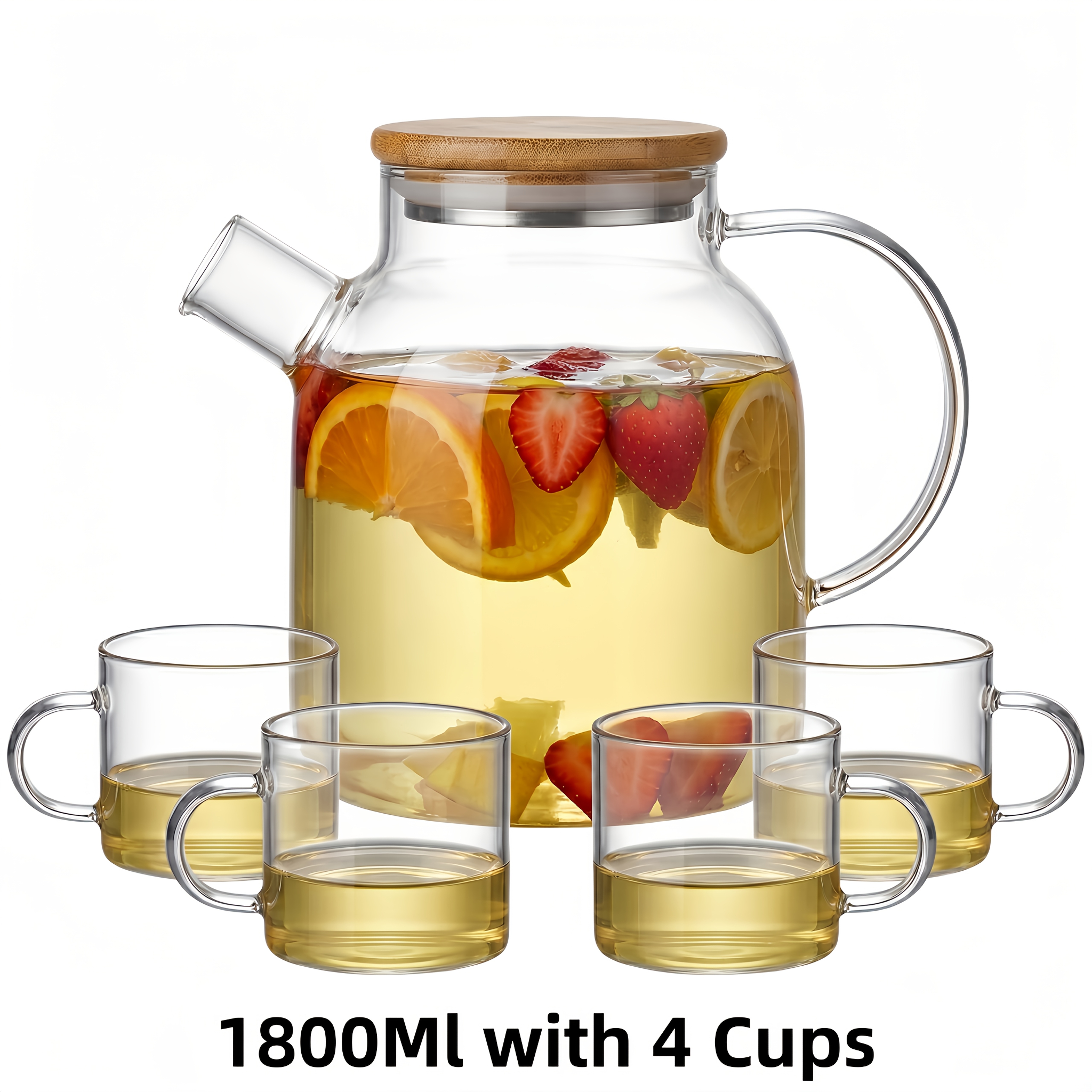 TEMU 1800ml Glass Teapot With 4 (100ml) Cups, Stovetop & Microwave Safe Glass Tea Pot, Clear Teapot With Strainer, Glass Tea Kettle With Wooden Lid,