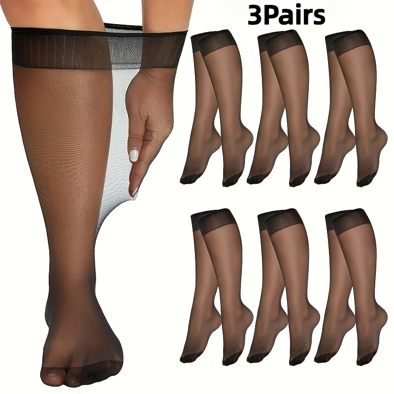 TEMU 6socks (3 Pairs) Women's Plus Size Sheer Knee High Socks Ladies Thin Stockings Non-snag Lightweight Summer Socks Fit For Dresses Skirts Elegant