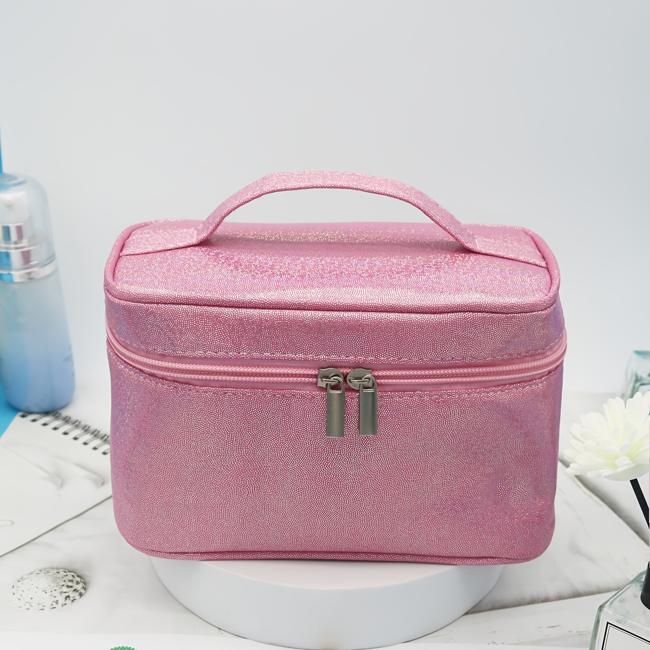 Popular Pink Square Makeup Bag With Glitter Hot Handheld Cosmetic Pouch Portable Folding Travel Ladies' Organizer