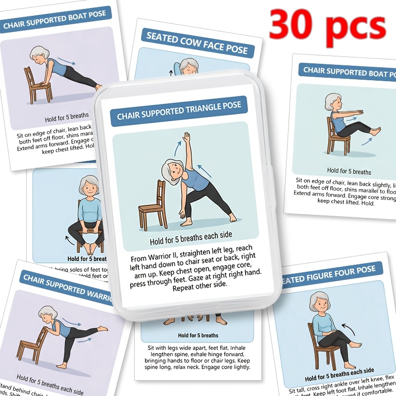 Seated Yoga Cards - 20/30pcs Easy-to - Chair With Instructions - Mobility & Flexibility Deck For Adults - Perfect Gift In Sturdy Storage Box
