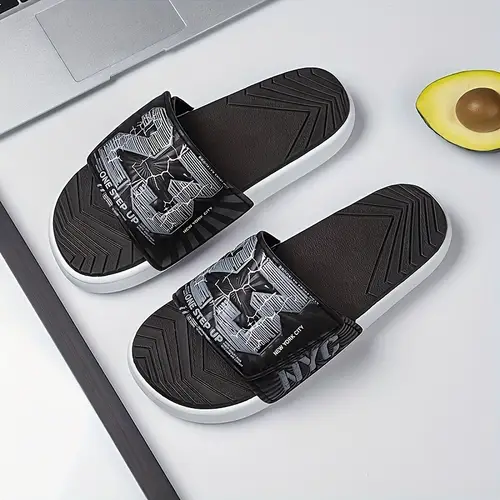 mens black sports indoor slippers home with 23 number pattern thick sole anti slip wear resistant green slippers