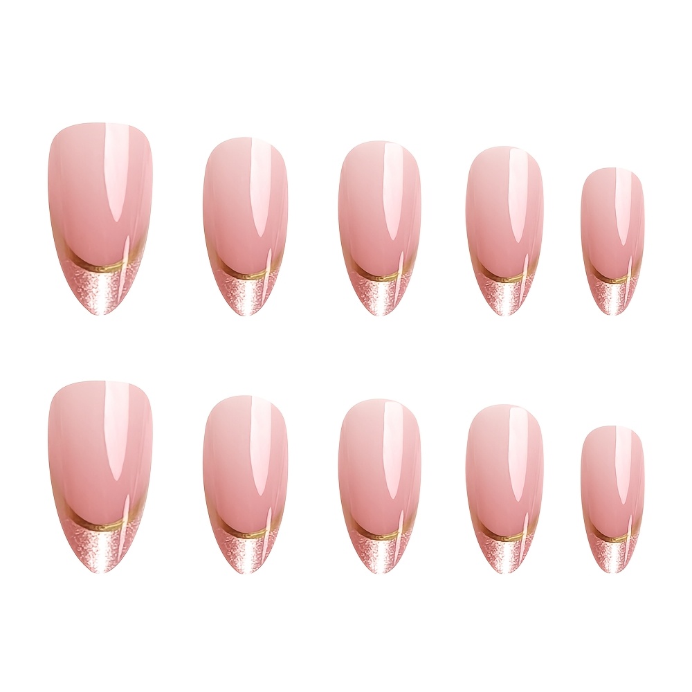 24pcs Medium Almond Fake Nails Pink And Golden Press On Nails French Style With Golden Tip Reusable Fake Nails For Women And