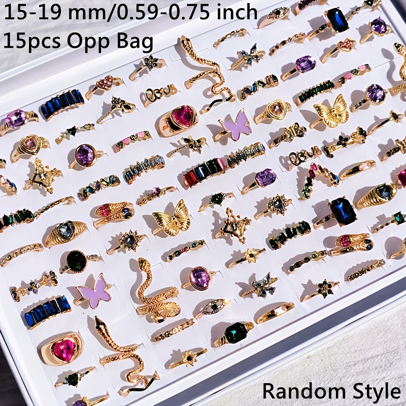 TEMU Wholesale 15pcs/pack Women's Jewelry Set Fashion Vintage Ins Bohemian Men's And Women's Ring Rose 15mm-19mm Mixed Heart Snake Tai Chi Design