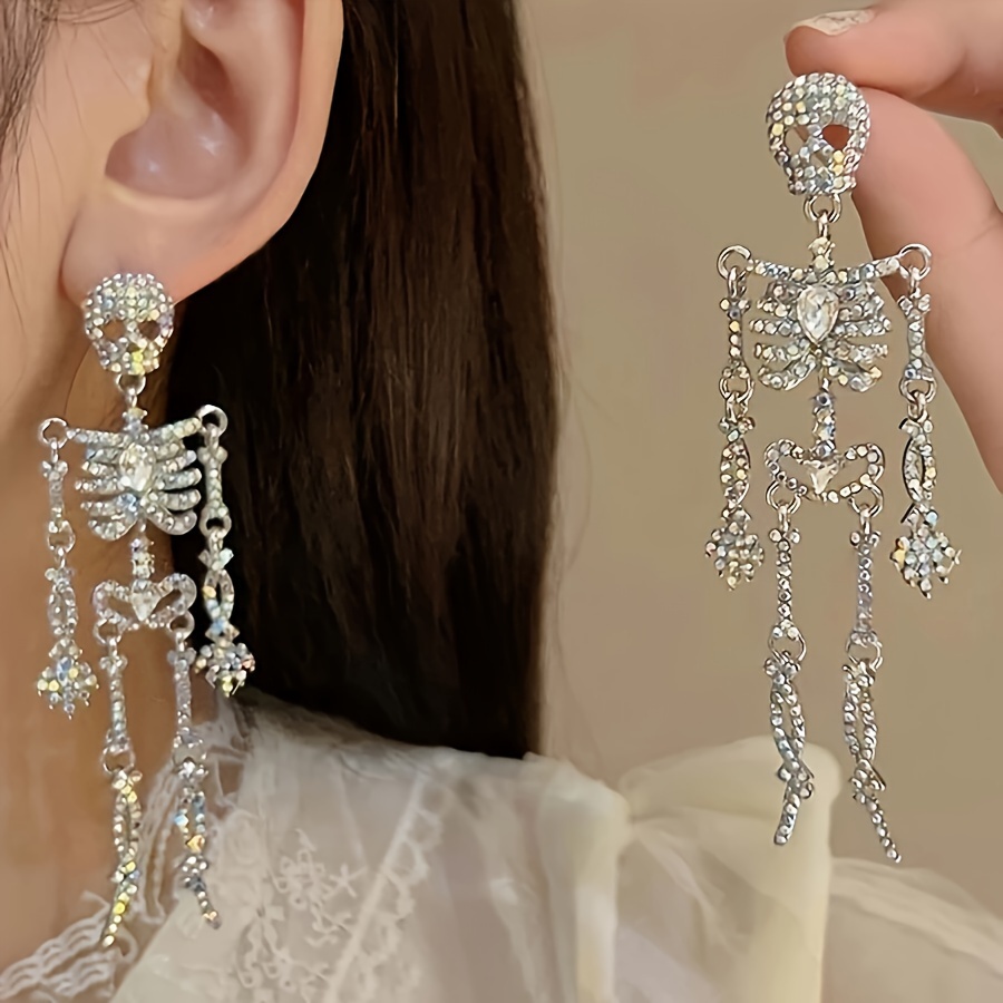 

Gothic Chic Skull Crystal Dangle Earrings For Women - Uv-plated Aluminum Alloy, &