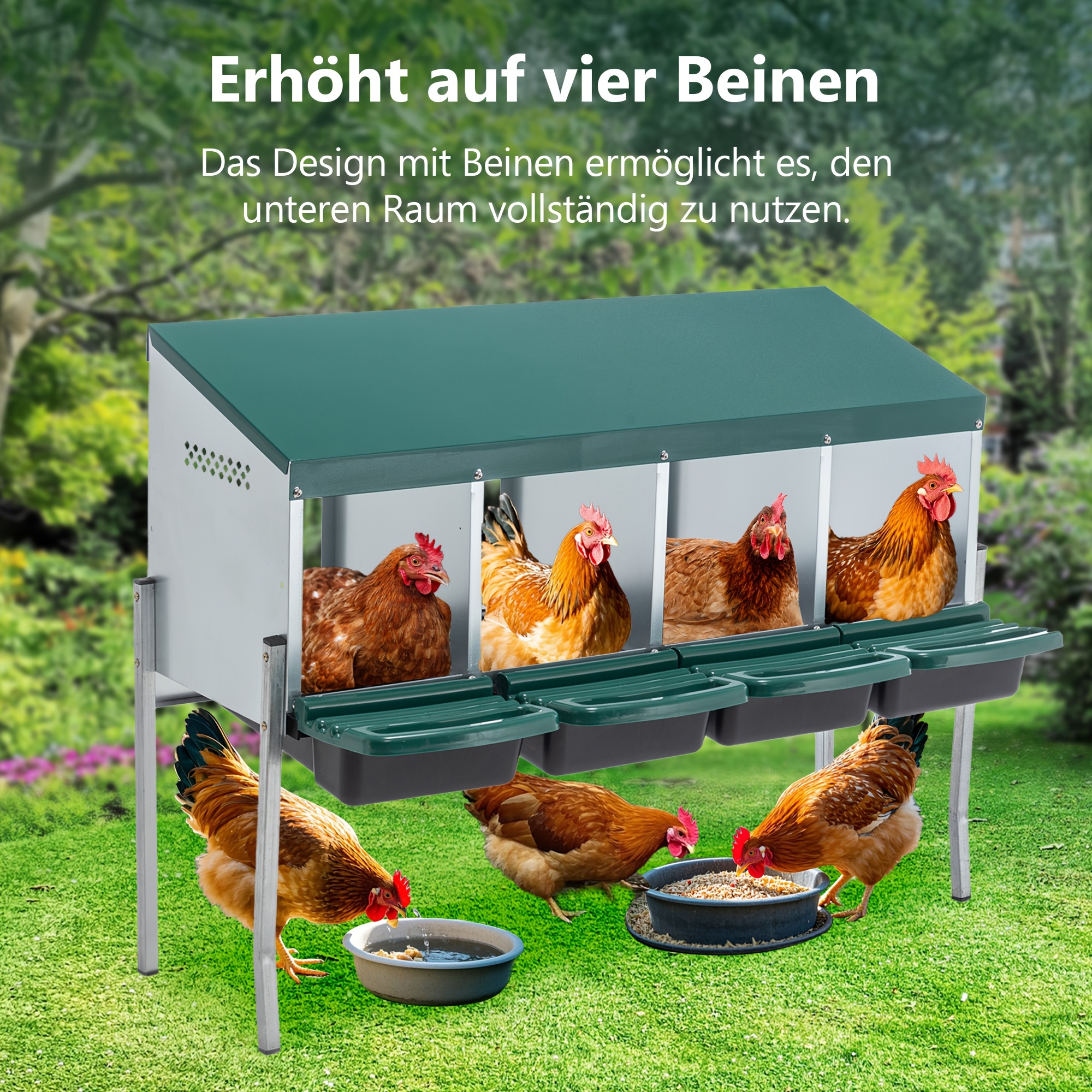 4 Compartments Chicken Nesting Boxes With Elevated Metal Legs & Cover To Protect Eggs, Egg-laying Box For Hens To Lay Eggs, Durable Galvanized Steel, For Outdoor Chicken Coop And Poultry Farm Yard