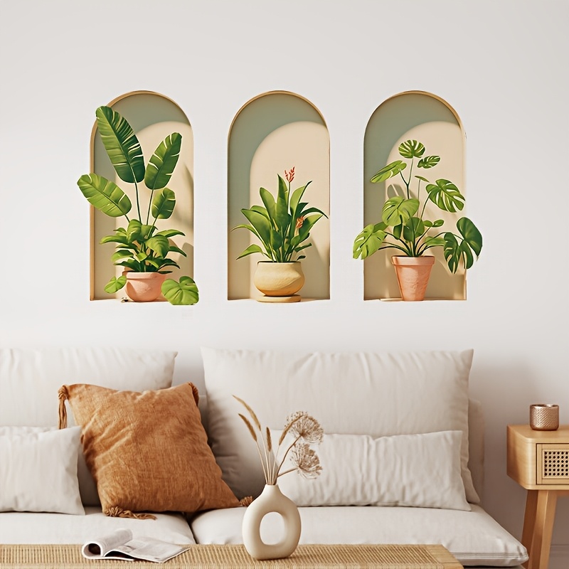 

3pcs 3d Potted Plant Wall Stickers, Art Self-adhesive Decals, Matte Plastic Flower Murals, Detachable, Single Use, With Floral Theme For Living Room, Bedroom, Office Decor