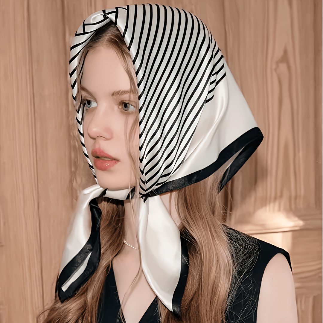 Faux Shawl Scarf, Minimalist Black & White Satin Square