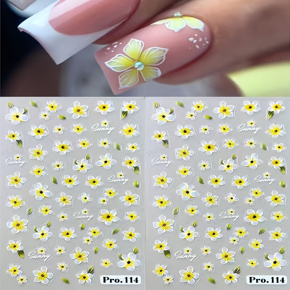 Image of 2pcs 5d Embossed Floral Nail Stickers Elegant Yellow Flower Petals Nail Art Decals Acrylic Self-adhesive Sliders Diy Manicure Decoration