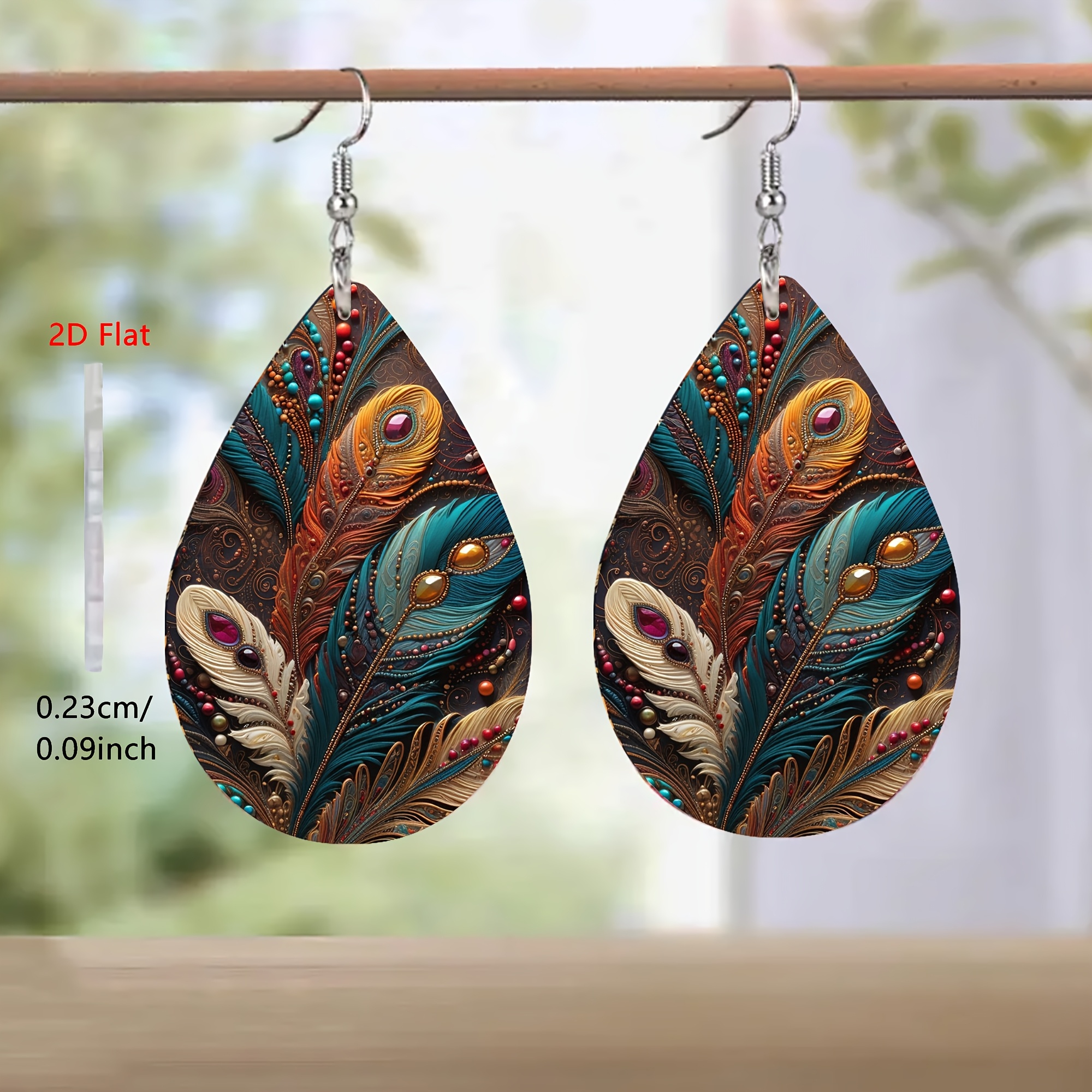 TEMU Pendientes colgantes 2D planos para mujer, 1 par, moda, estilo bohemio con plumas, estilo literario retro, estilo , acero inoxidable 316 con