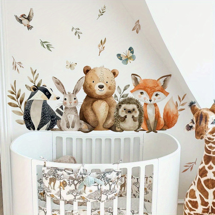 Image of 2 Sheets 30*60cm Watercolor Animal Leaves Wall Stickers With Teddy Bear Hedgehog Fox Bedroom Living Room Home Decoration Wall Stickers Self-adhesive Pvc