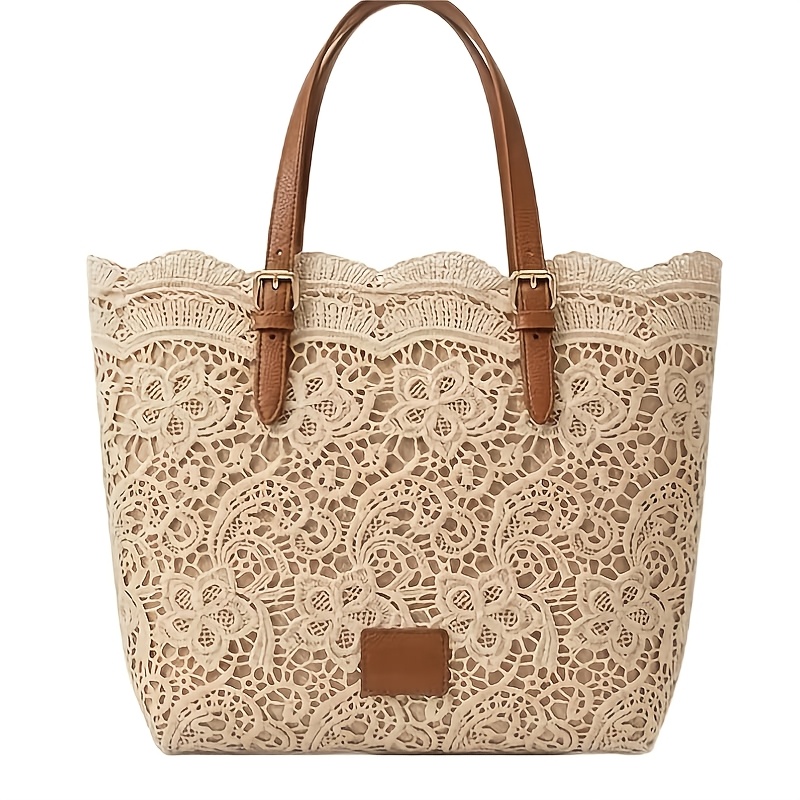 TEMU Bolso Retro de Encaje con Un , Bolso Tote Tejido para Mujer 2026, Bolso Tote Grande Lindo y con Cierre de Llavero de Crochet