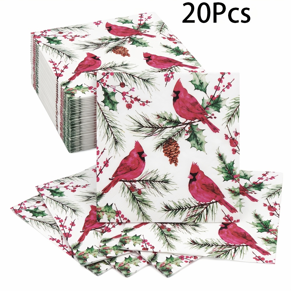 TEMU 20-60pcs, Serviettes de papier jetables rouge cardinal de Noël, 2 épaisseurs, 6,5 pouces, papier mouchoirs imprimés branche de houx et pommes de