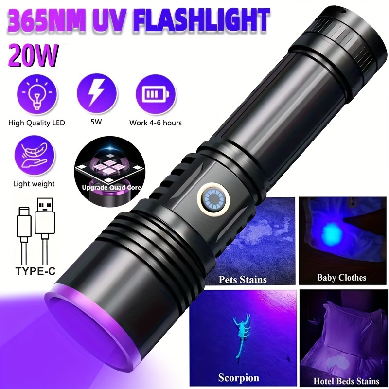 

365nm Uv Flashlight - Led Ultraviolet For Hunting, Pet Urine Stain Detection, Waterproof, Usb Rechargeable, Lightweight Aluminum Alloy, 150-350 (battery/usb Powered)