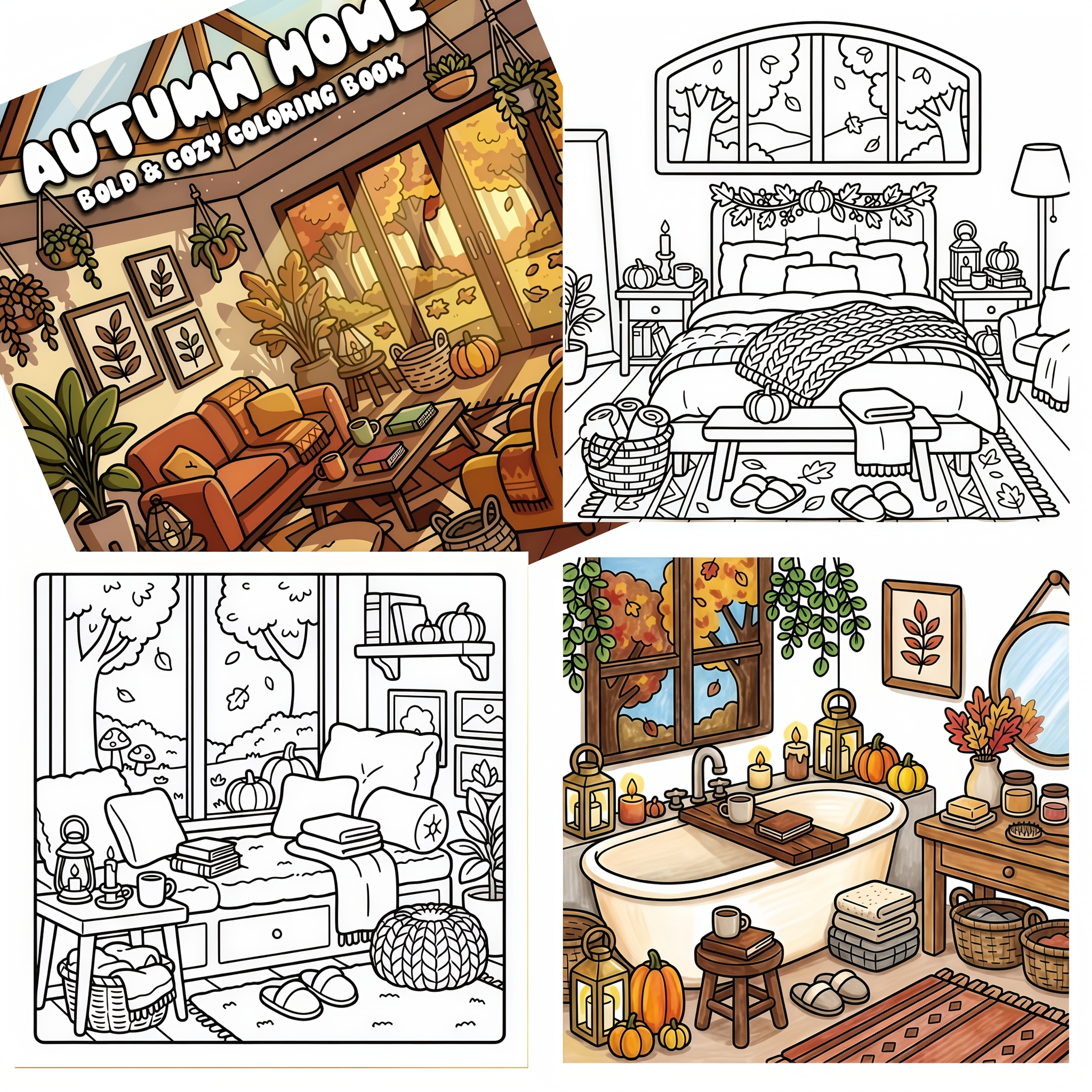 TEMU An Autumn-themed Coloring Book With 24 Pages Of Thick Paper. Featuring Cozy And Relaxing Coloring, And Adorable Warm- Pages For Adults, And Cute