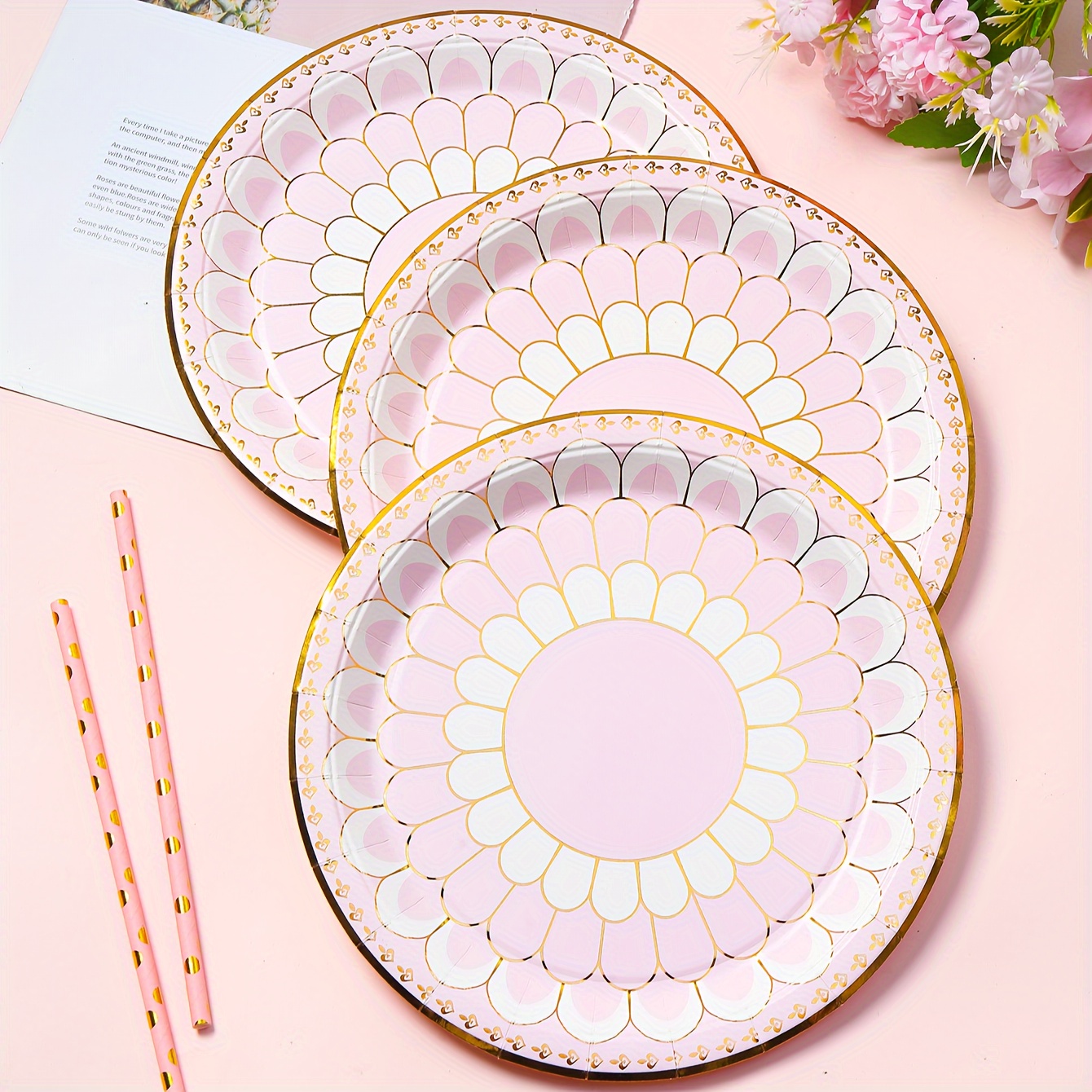 

Set, Decorative Paper Plates With Golden Foil Floral Design, Pink Flower Theme Party Supplies, 9 Inch Disposable Tableware For Desserts & Appetizers