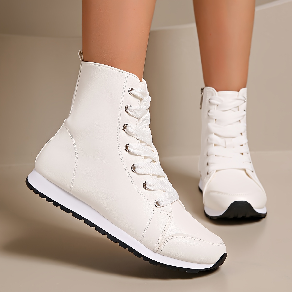 Botines Blancos Elegantes para Mujer Clásicos con Cordones y Cremallera  Lateral Casuales de Media Caña con Forro de Malla Transpirable, Bota