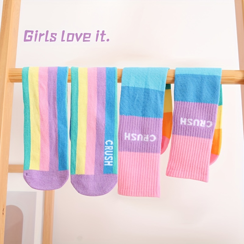 

2 Pairs Girls' Socks Long Tube Socks, Rainbow Style Multi-color Cute Fashionable Street Soft Comfortable Breathable Wear-resistant Sweat Absorbing Long Tube Socks For All Seasons