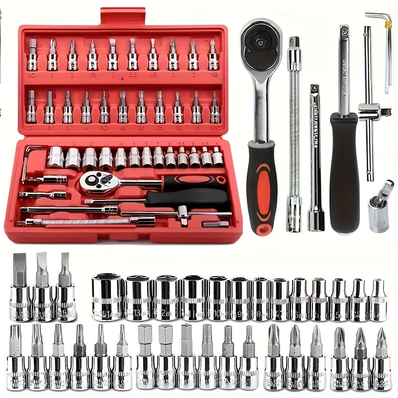 

46pcs 1/4in Drive Socket Ratchet Wrench Set, With Bit Socket Set Metric And Extension Bar For Auto Repairing And Household, With Storage Case