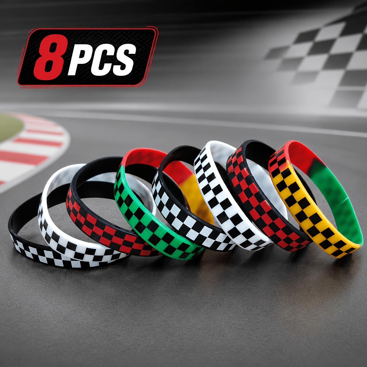 TEMU 8pcs Checkered Silicone Wristbands, Racing Checkered Flag Pattern Bracelets, Street Style Sports Party Gift Additions, Suitable For Men, Women