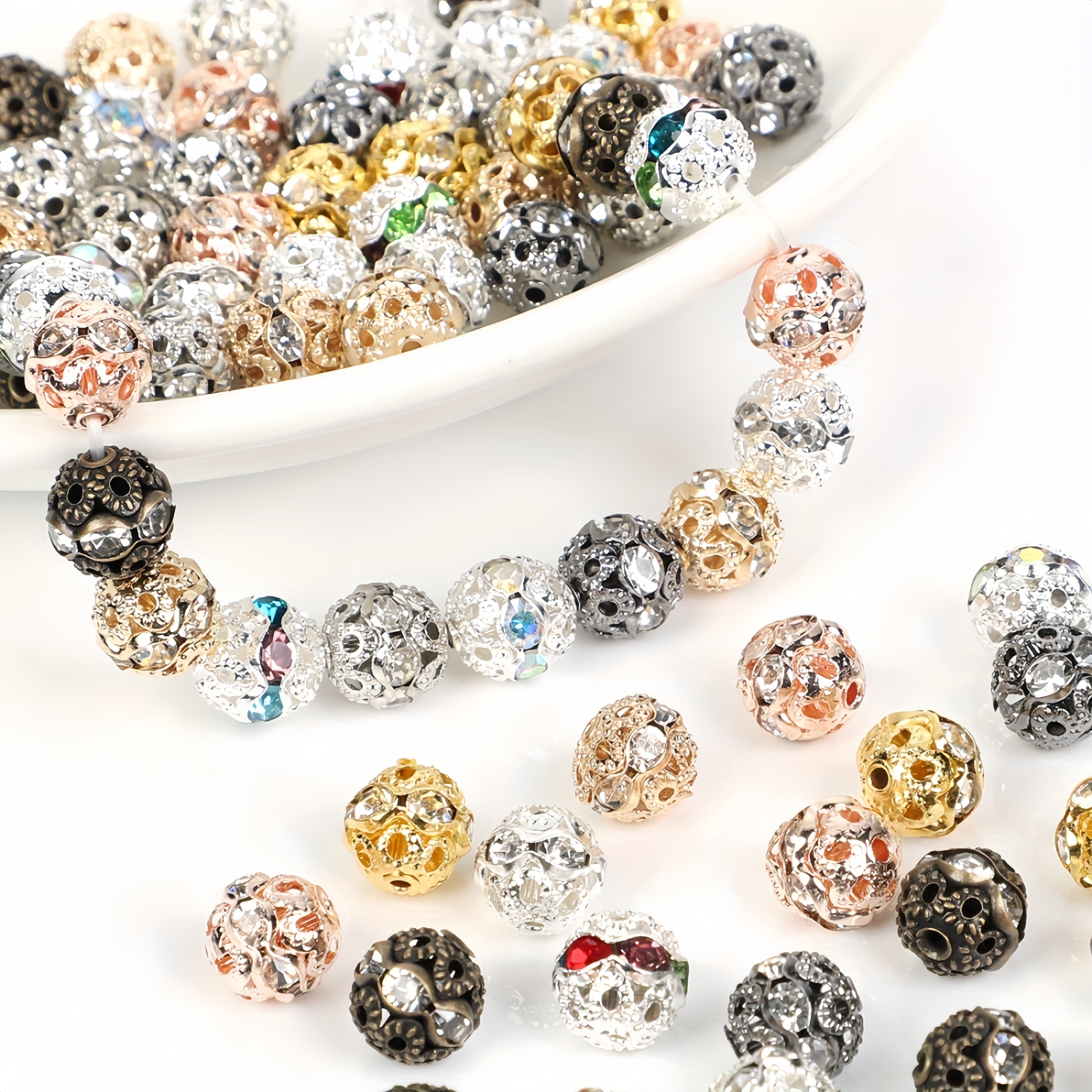 

Rhinestone Bead Assortment - 80pcs Sparkling Round Ball Beads For Diy Jewelry Making, 6/8/10mm Multicolor Rhinestone-encrusted Beads Set