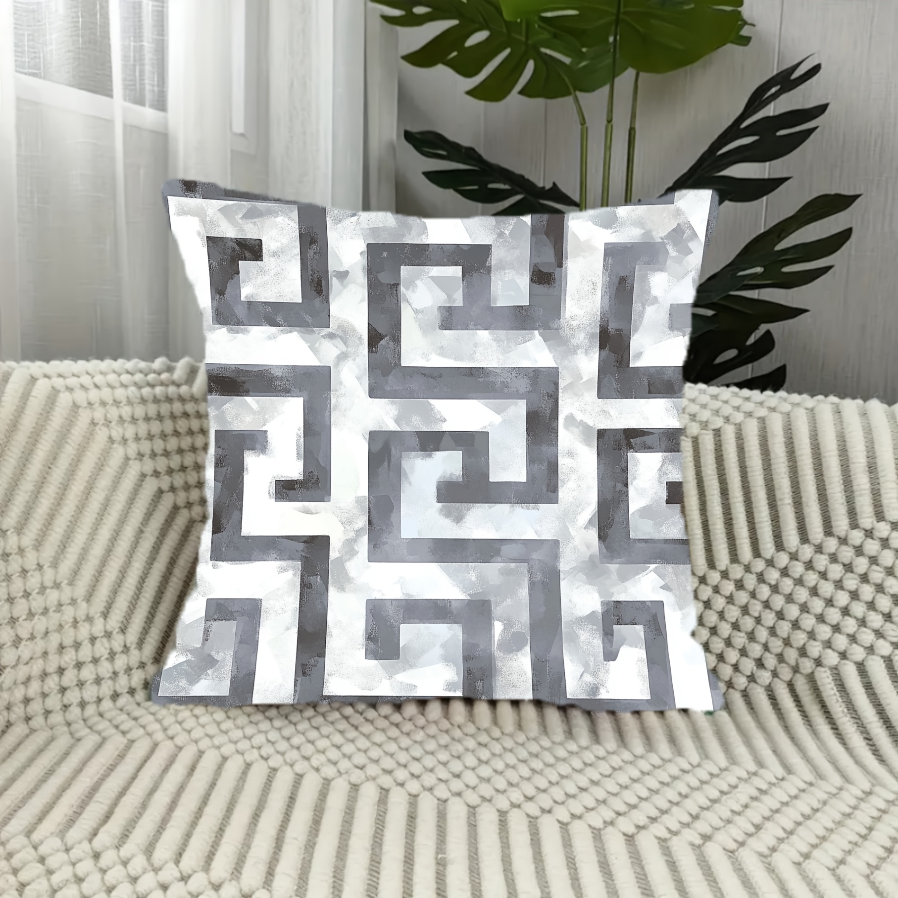 TEMU 1pc Contemporary Greek Pillow Cover, 18x18 Inch, Silver Gray And White Polyester Short Plush, Machine Washable, Zipper Closure, Woven Decorative