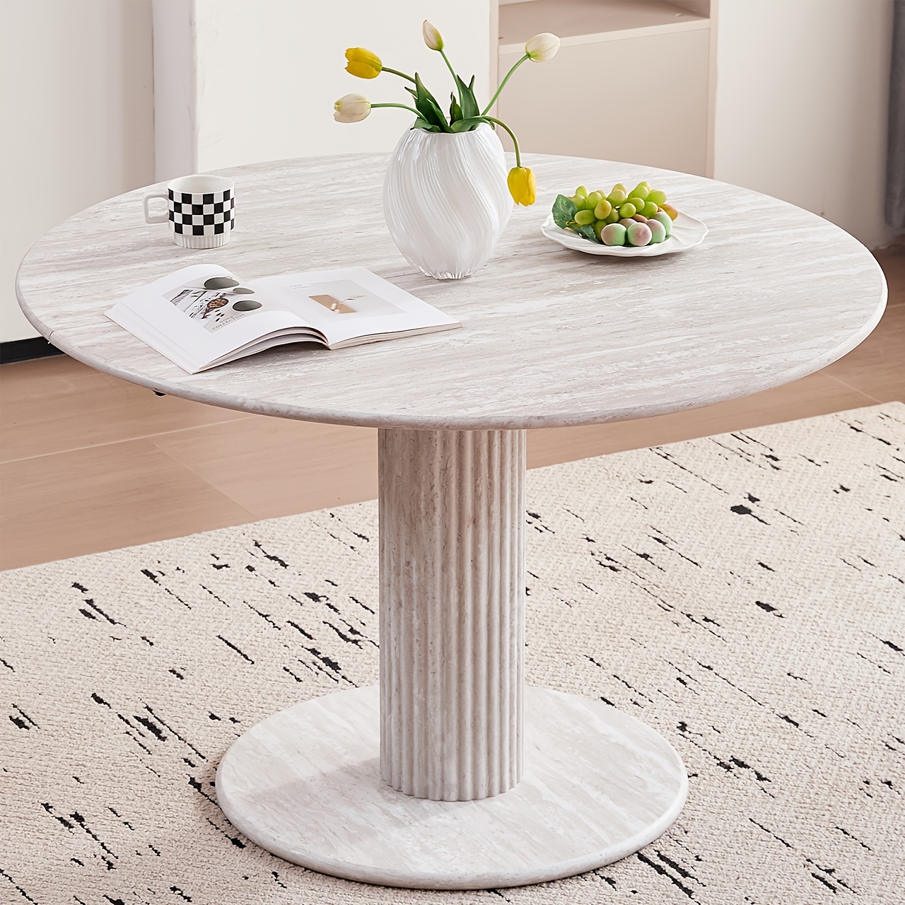 Egoonm 115cm Round Dining Table With Cylinder Pedestal Base, Kitchen Table For 4-6 People For Dining Room, Living Room, Kitchen