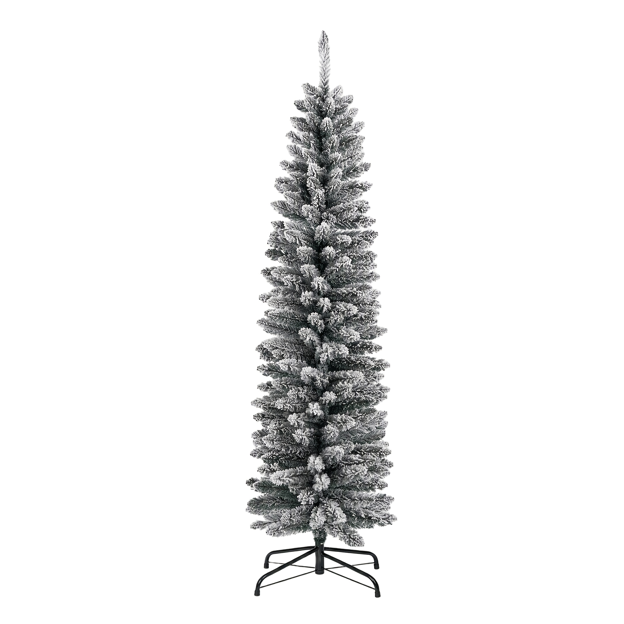TEMU 6-foot/180cm Flocked Snowy Scene Pencil Christmas Tree With 360 Tips, No Lights, Long And Narrow Artificial Christmas Tree With Folding Metal