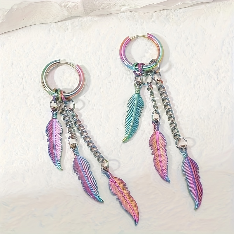 E-shop 2 Stück Damen Kreative Bunte Edelstahl Blattkette Ohrclips, Trendige Lange Ketten Ohrringe