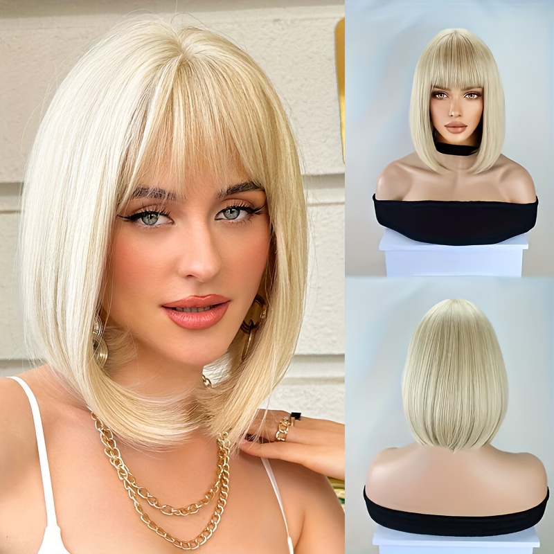 

Elegant Women's Blonde Bob Wig With Bangs - 12" Straight Synthetic Heat-resistant, High-density 130% Curly Wave, & Parties, Party Accessory|shoulderlength Wig|synthetic Fibers, Wig Accessories