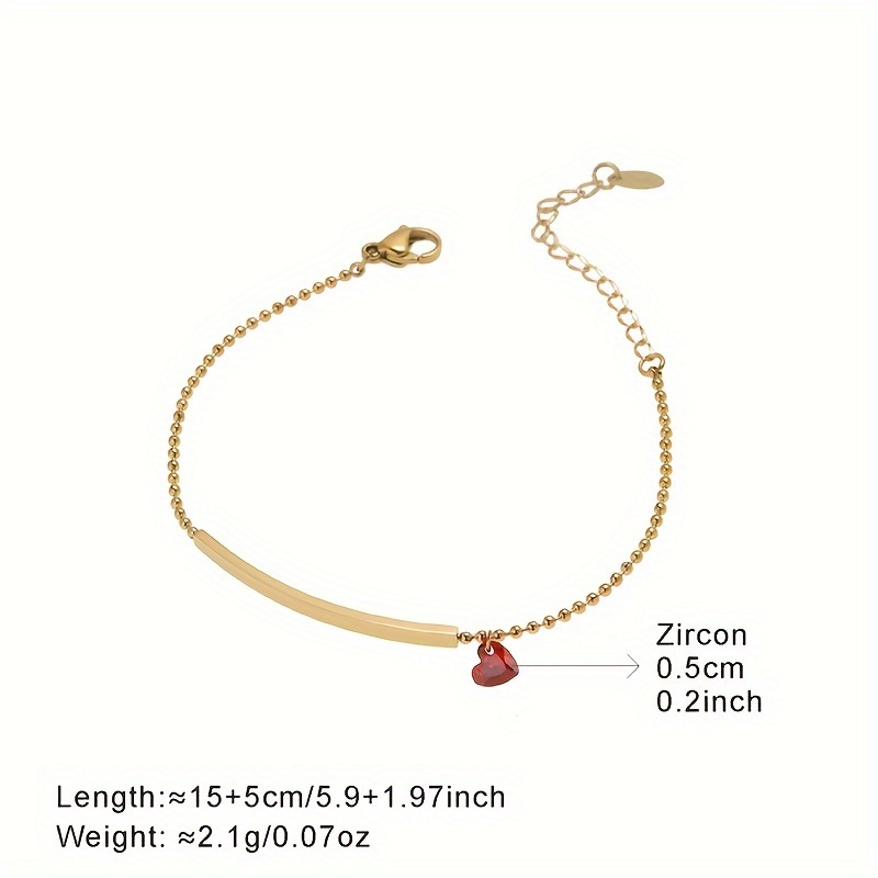 E-shop Rotes synthetisches Zirkonia-Herz-Charm 18k vergoldetes Edelstahl-Bararmband für Damen, einfache verstellbare Kettenrundperlenkette
