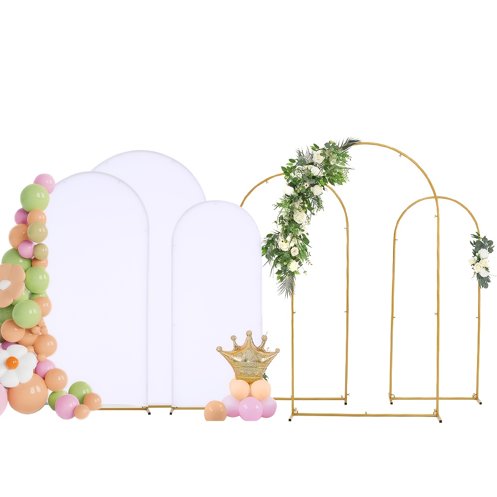 E-shop 2D-Türbanner, 3-tlg. goldene Metall-Bogenständer 3-tlg. weiße Spandex-Bogenbezüge für Party-Deko, Hochzeitsbogen-Hintergrundständer- Bezug-Set,