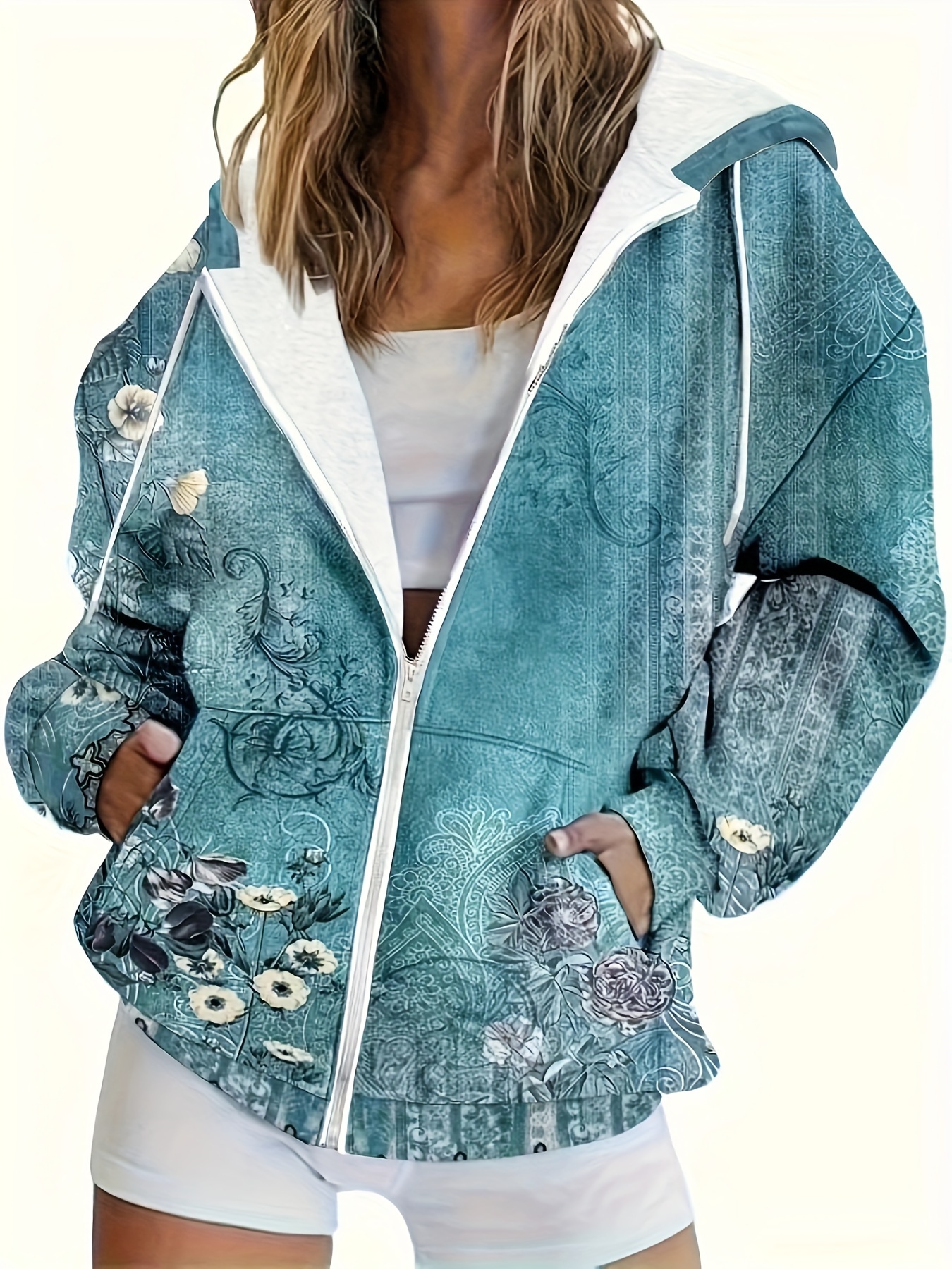 Floral Print Hoodie With Pocket, Casual Zip Up Long Sleeve Drawstring Hooded Jacket, Women's Clothing