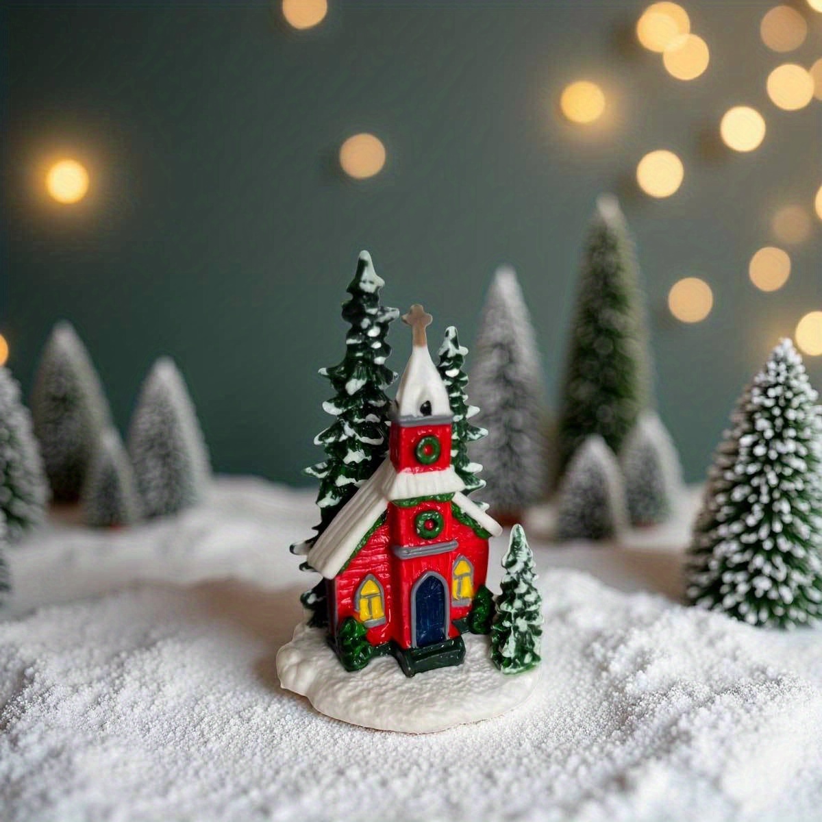 TEMU 1pc Christmas Church & Tree Decorative Tabletop - Red & Snowy Winter Scene With Pine Trees, Pvc Home Decor For , No Electricity Needed