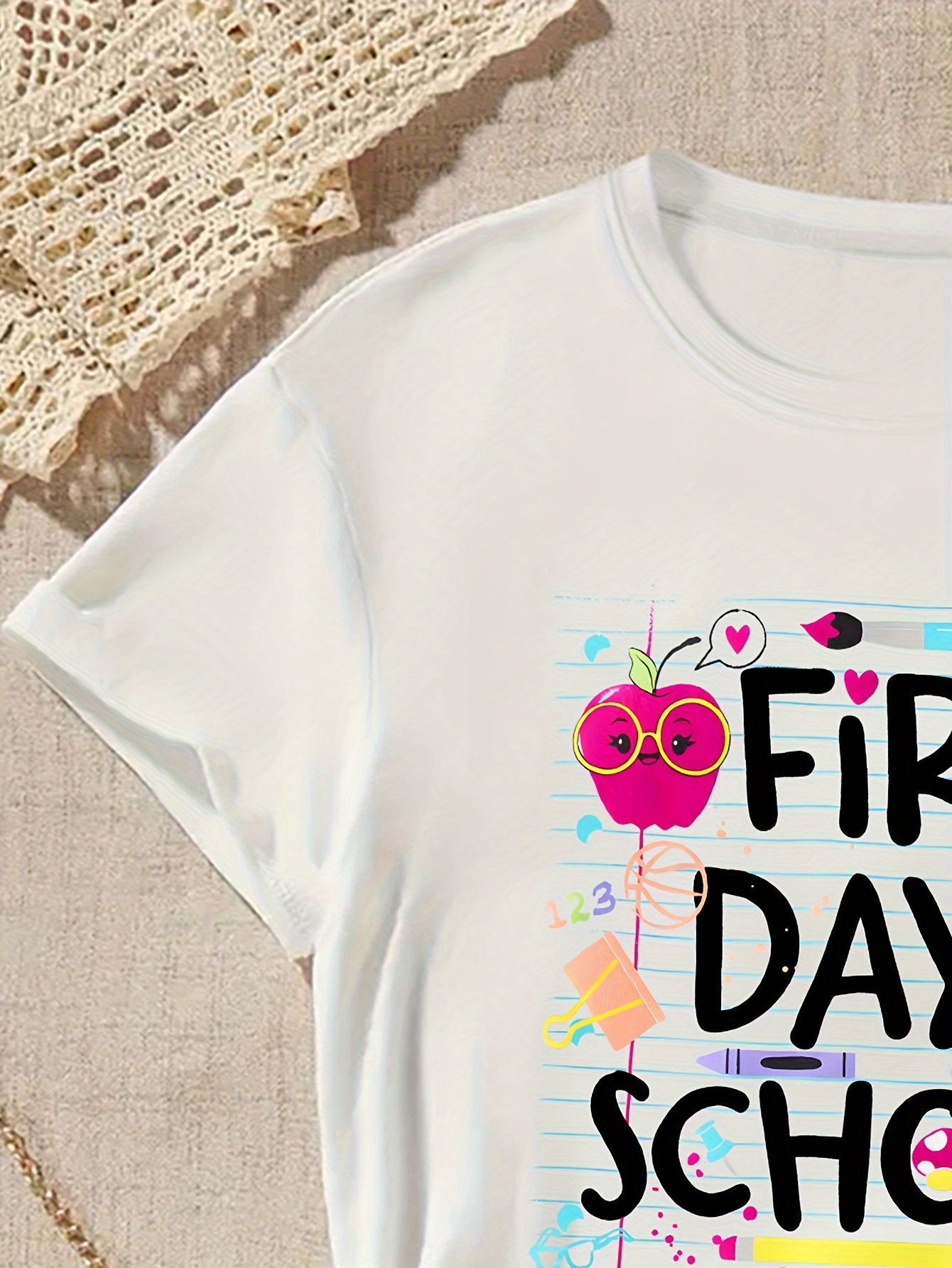 first day of school print girls creative t shirt soft elastic comfy crew neck short sleeve tee girls summer top details 10