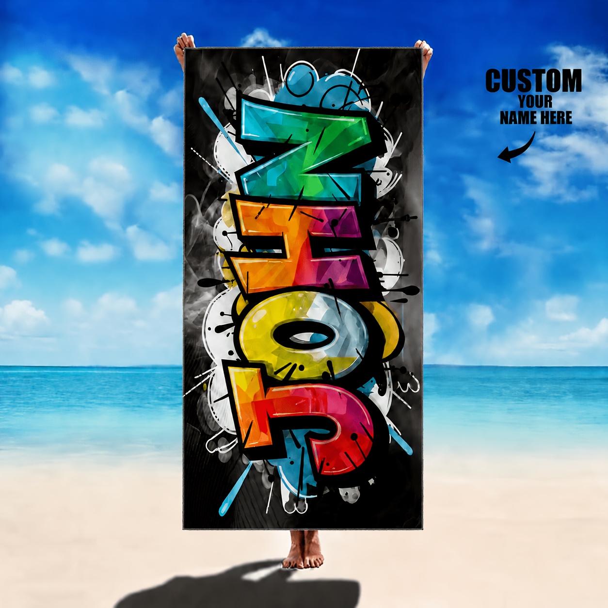 TEMU 1 stuks Aanpasbare Naam Kleurrijke Graffiti Stijl Sneldrogende Strandlaken Trendy Coole Absorberende Badhanddoek Gepersonaliseerde Custom Fake