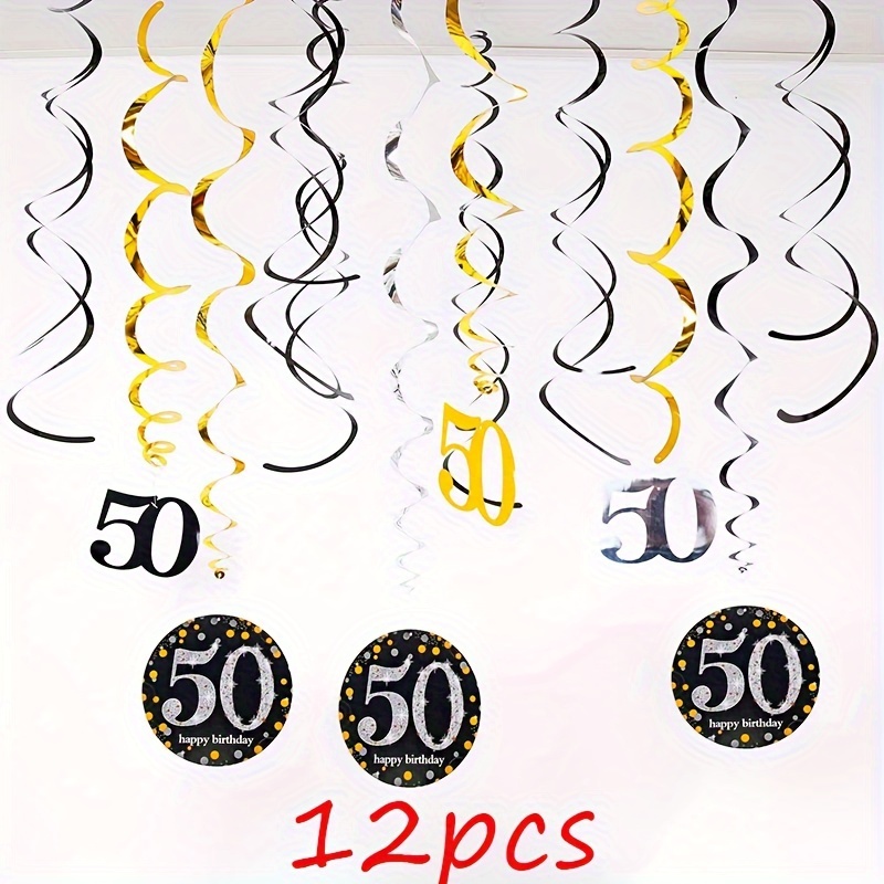 Image of 12 Items Per Package, 50th Birthday Celebration Decor For Parties, Weddings, And Anniversaries, Featuring Black, Golden, And Swirl Designs, Pvc Spiral Hangings For Dining And Living Rooms