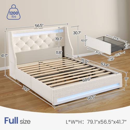 led upholstered bed frame queen full twin with charging station storage drawers modern platform bed with rgb lights spring need