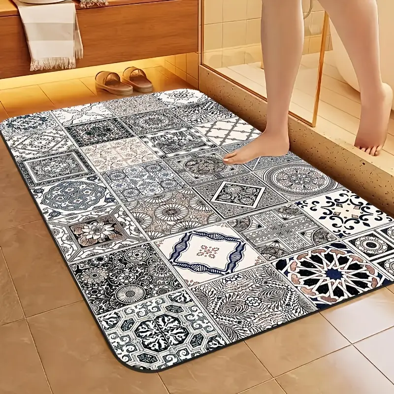 1pc diatomite bath mat classic retro tile pattern print design quick dry non slip absorbent floor mat soft and comfortable for bathroom shower laundry room bedroom doorway kitchen rug rv bathroom Product details 0