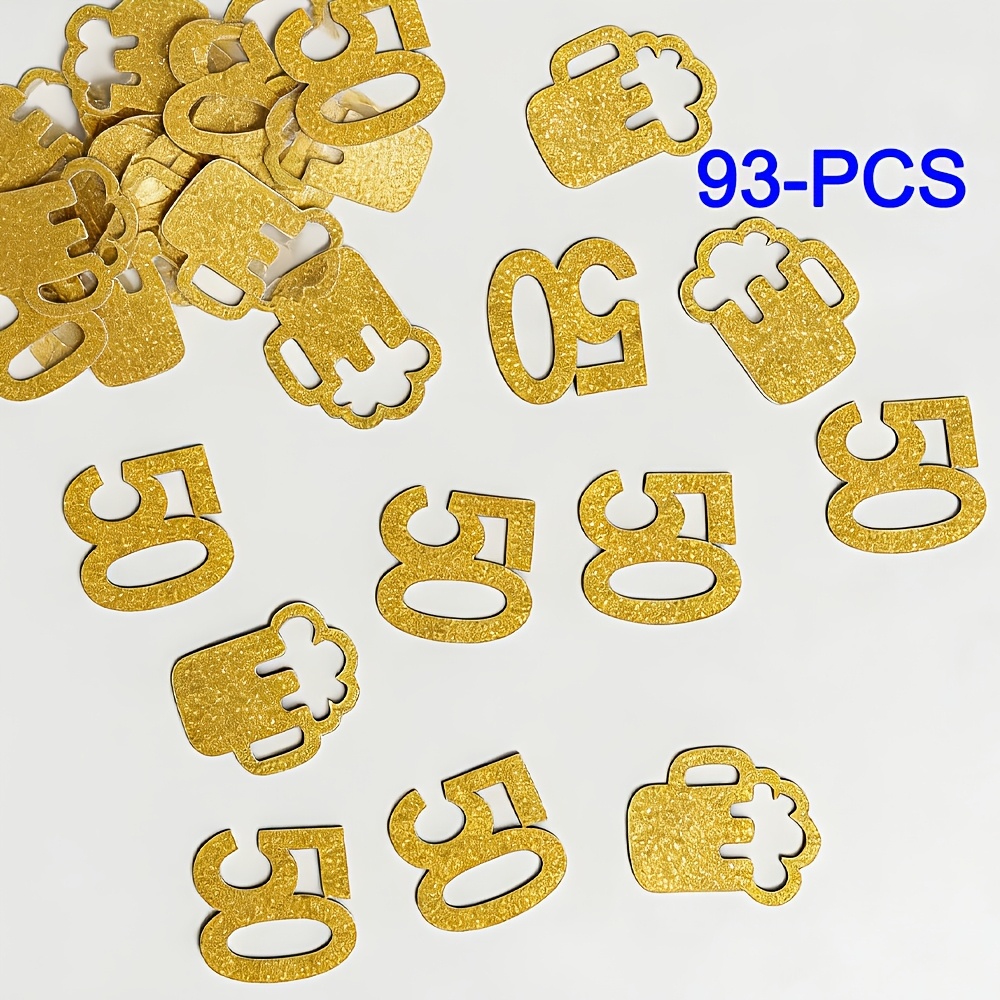 Image of 93pcs Of Golden 50th Anniversary Confetti, Featuring Creative Beer Mug And Number Designs, Essential For 50th Birthday Party And Wedding Scene Decorations