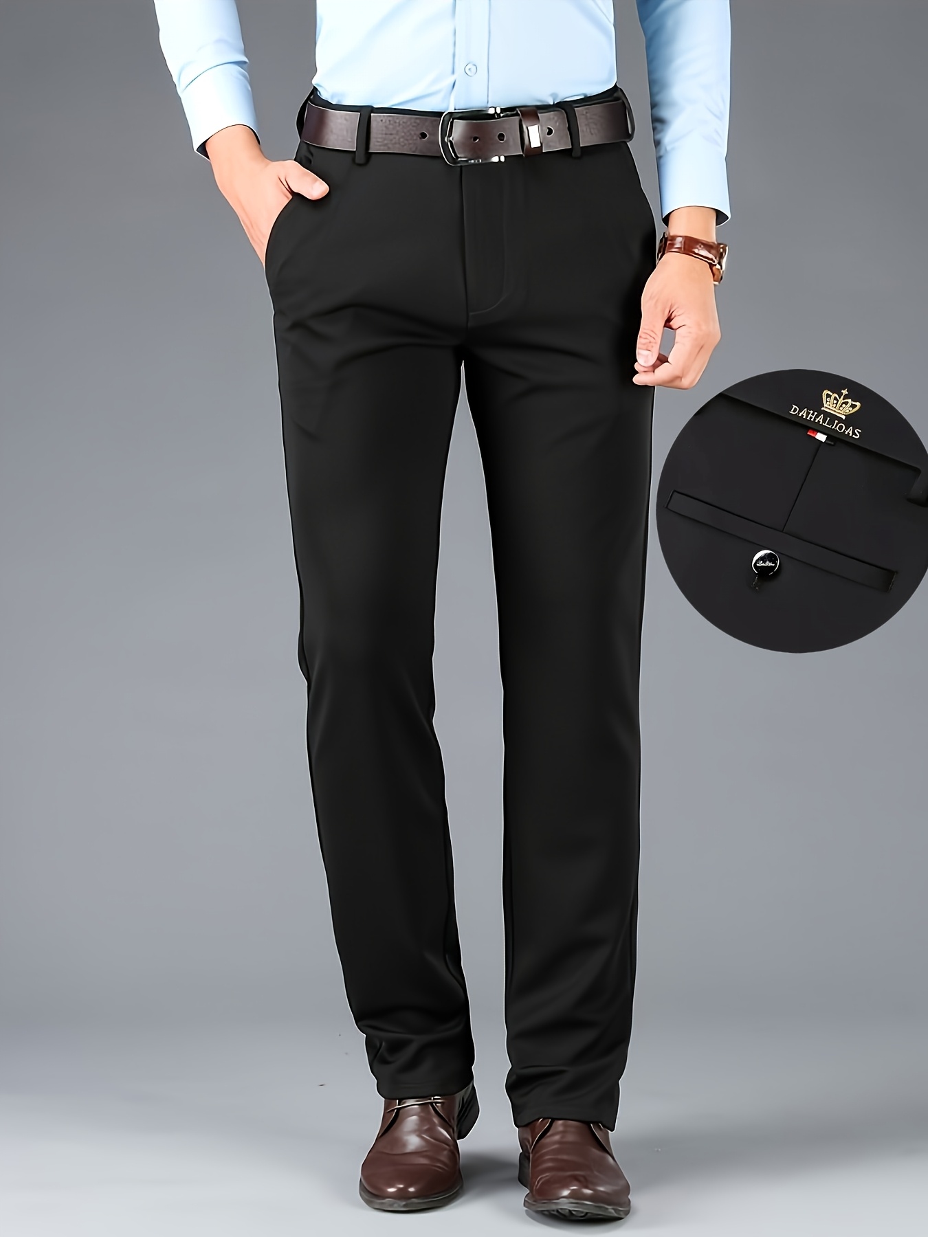 Men's High Elasticity Wrinkle-Resistant Straight-Leg Dress Pants - All-Season Machine Washable Business Casual Trousers with Crown & Dahlia Design, High Waist, Button & Zipper Closure, Professional Wear, Classic Style, Quality Craftsmanship, Stylish Men