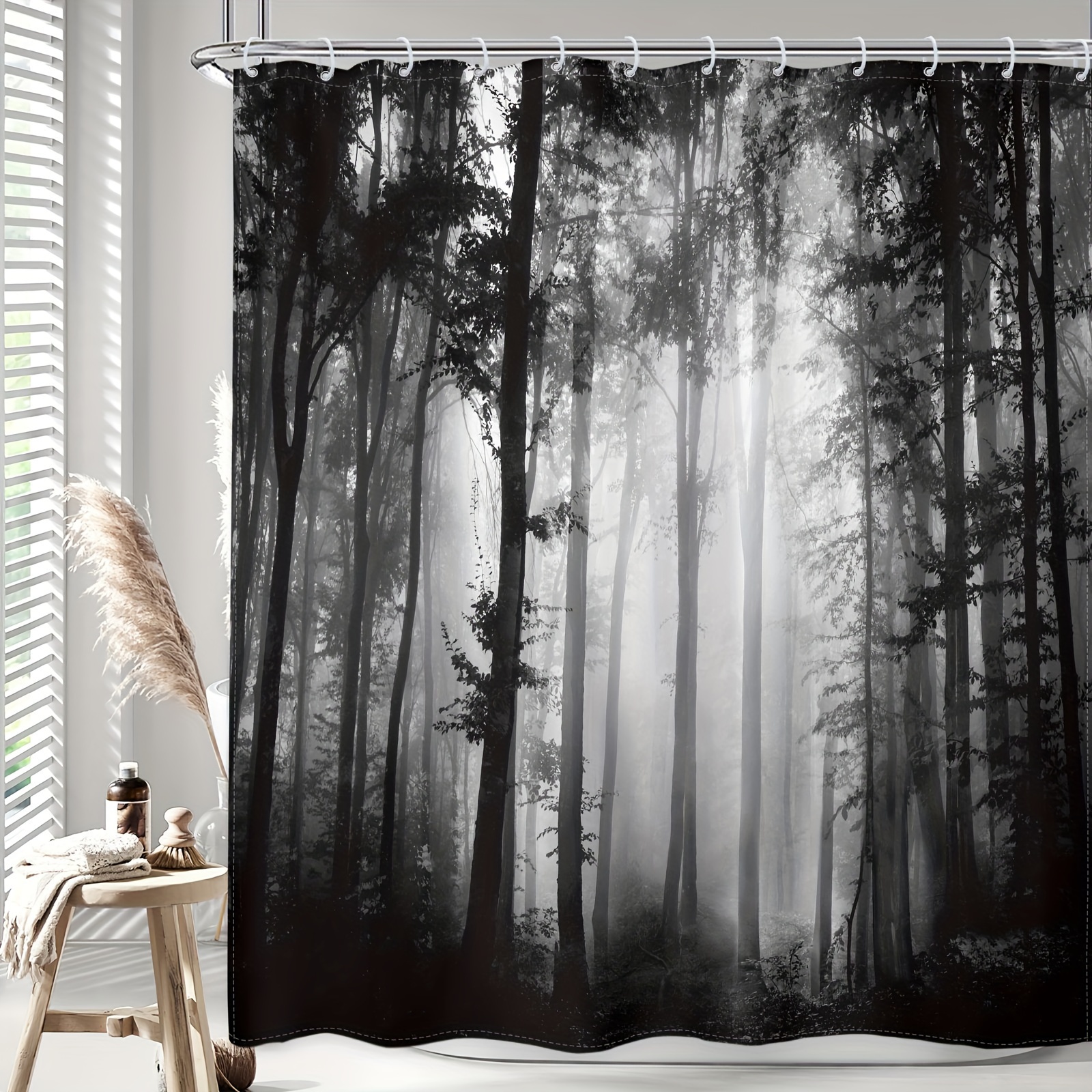 

1/4pcs - Black Woods Shower Curtain Set, Aesthetic 12 Hooks Waterproof Shower Curtain, Non-slip Bathroom Floor Mat, Toilet U-shaped Mat, Cover Mat, Home Decor Gift